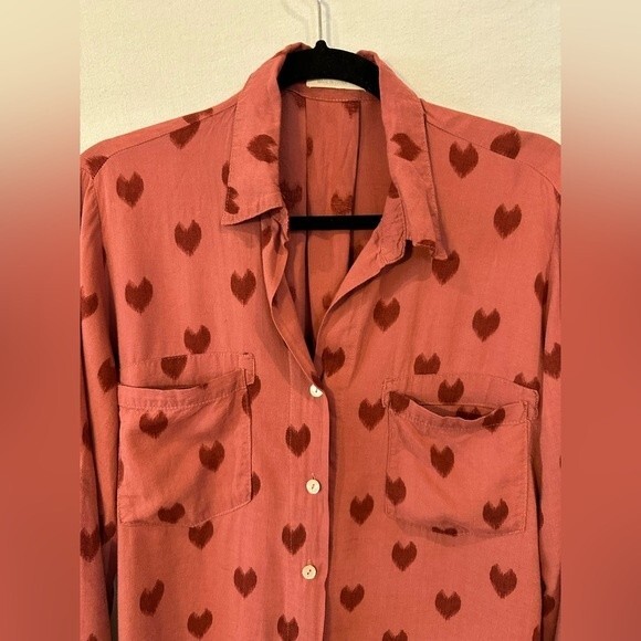 Just Living Button Front Printed Hearts Shirt Linen Blend Size S - Picture 4 of 8